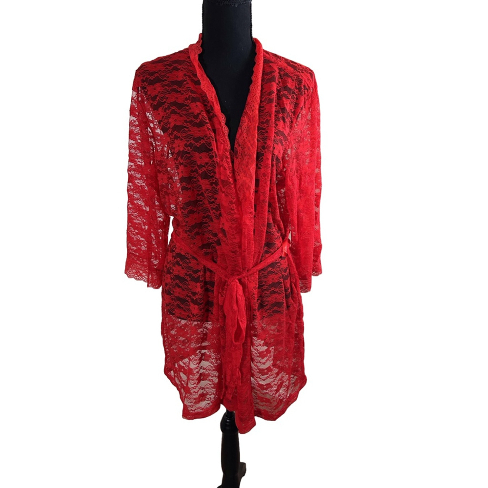 Frederick’s of Hollywood Women's Red Lace Robe w/matching g-string Size 2X